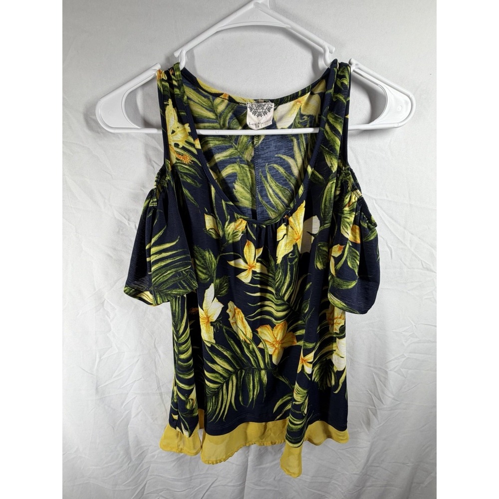 Late August Cold Shoulder Top S Small Tropical Floral Palm Leaf Navy Yellow Boho